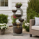 57-Inch Tall Outdoor Water Fountain with Planter, 6-Tier Cascade and LED Lights