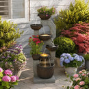 57-Inch Tall Outdoor Water Fountain with Planter, 6-Tier Cascade and LED Lights
